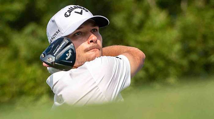 Nicolai Hojgaard tees off during the 2023 DP World Tour Championship in Dubai, United Arab Emirates.